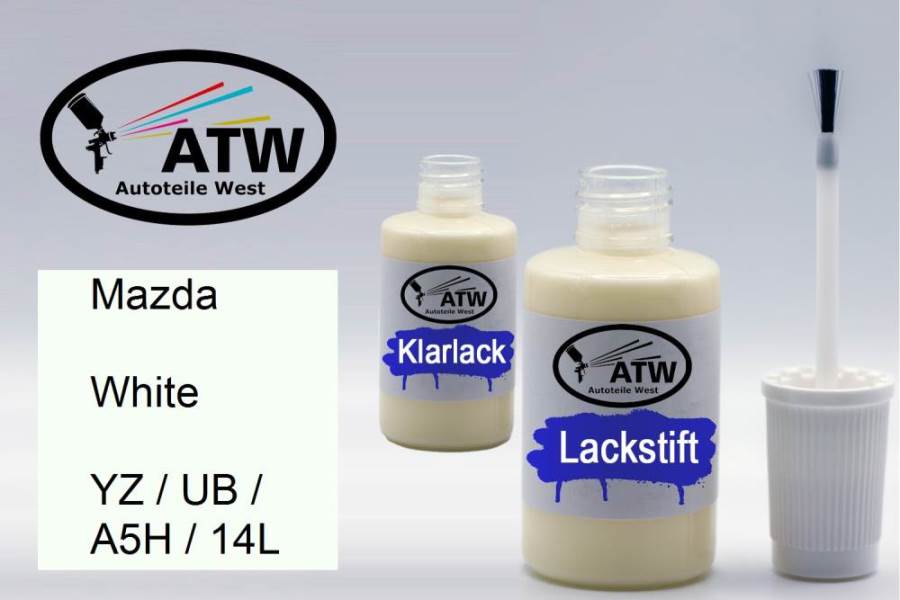 Mazda, White, YZ / UB / A5H / 14L: 20ml Lackstift + 20ml Klarlack - Set, von ATW Autoteile West.